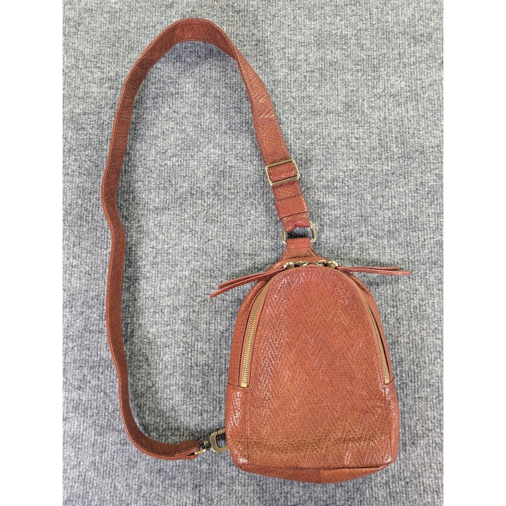 Hobo Cognac Brown Textured Leather Sling Crossbody Bag Woven Pattern Small